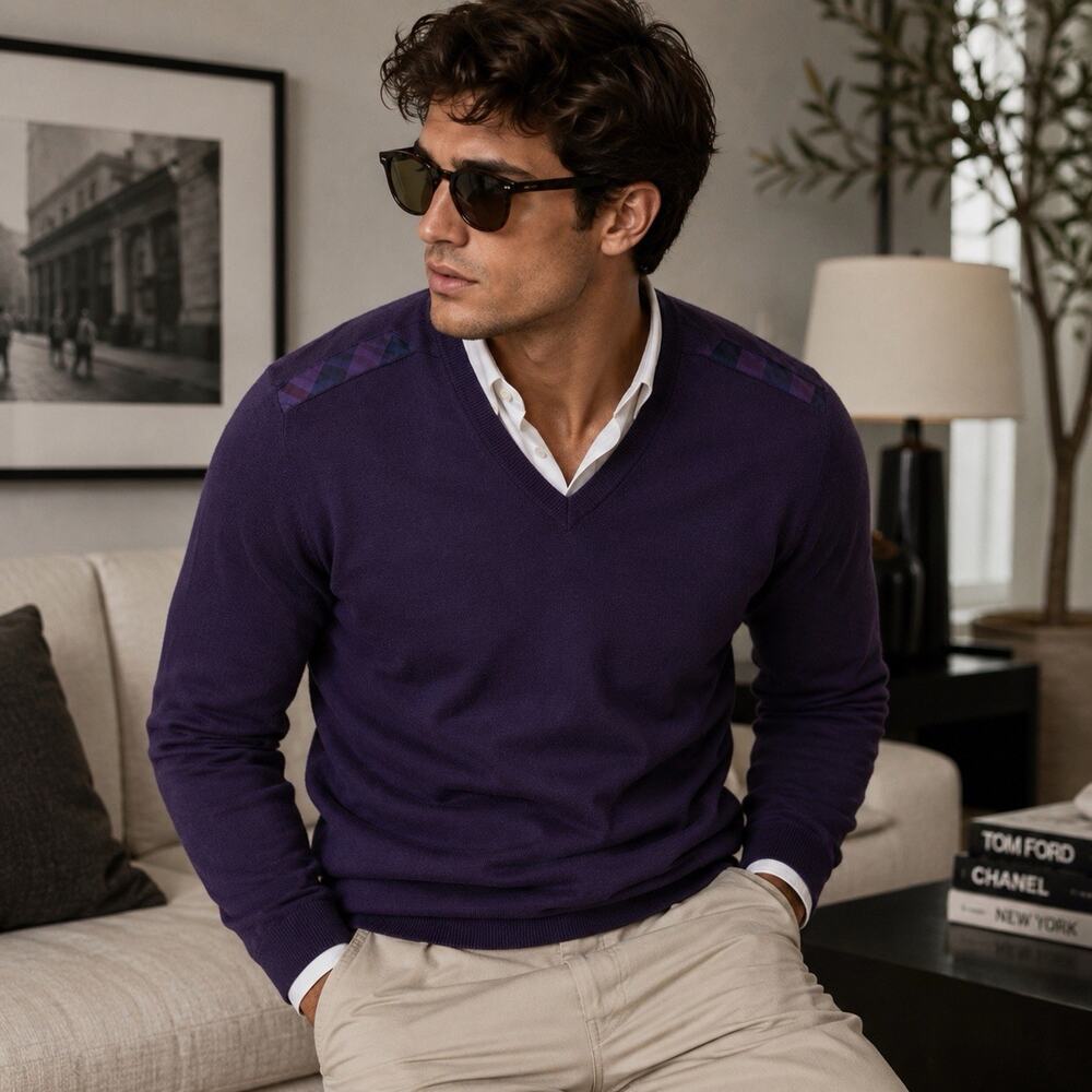 Burberry Brit Men’s Large 100% Extra Fine Merino Wool V Neck Sweater Purple Plum